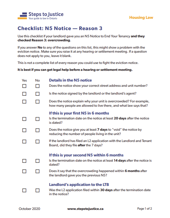 Checklist if you get an N12 for overcrowding